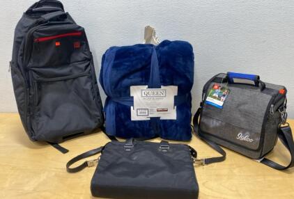 Kirkland Queen Plush Blanket, Igloo Cooler Bag, Backpack, Laptop Bag &ndash; Assorted Travel Gear Lot