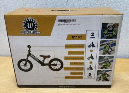 WaveSlider 12'' S1 Balance Bike, Black &ndash; Ages 2-5, Air Tires, Adjustable Seat, Footrest, Lights