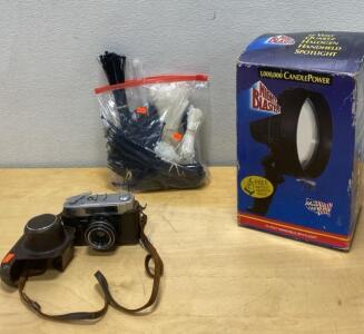 Night Blaster 1,000,000 Candlepower Halogen Spotlight, Vintage 35mm Film Camera, Mixed Cable Ties - Unable To Test