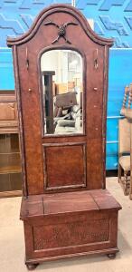 Rustic Wood Hall Tree with Mirror, Storage Bench, Pinecone Crest, Four Hooks, Nailhead Details