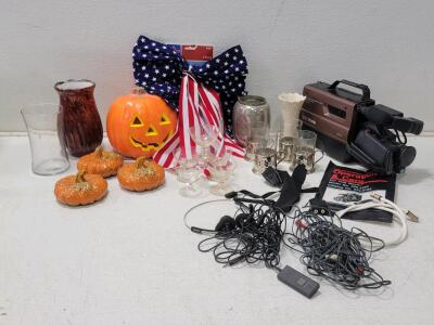 Home Decor Lot! Including: (3) Ceramic Pumpkins, (4) Vases, (1) Home VHS Movie Camera.