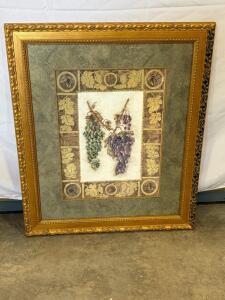 Framed Grapevine Still Life Print, 32"x26", Ornate Gold Wood Frame, Custom Double Mats, 2000