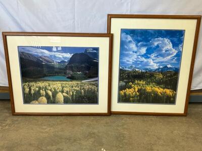 Pair of Framed Scenic Landscape Photo Prints, 28"x36" Wood Frames, Matting, Mountain & Lake Views