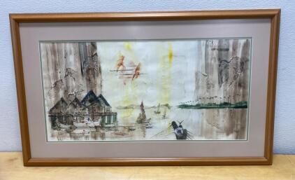 Large Framed Watercolor Painting Asian Village River Scene Signed Landscape Art 41x24&rdquo;