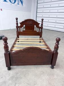 Antique Solid Wood Poster Queen Bed Frame with Carved Headboard and Slat Support