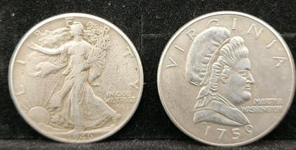 (1) 1759 Martha Washington REPLICA Commemorative Coin (1) 1946 Walking Liberty Half Dollar REPLICA Coin