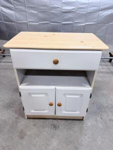 White Utility Cabinet with Light Wood Top, 30"x16"x32", Drawer & Double Door Storage, Cable Holes