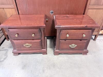 Pair of 2-Drawer Wooden Nightstands, Brass Hardware, Cherry/Mahogany Finish, 24" x 16" x 24"