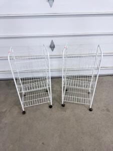 Pair of 3-Tier White Rolling Wire Utility Carts with Casters, 24"x12"x30", Metal Frame