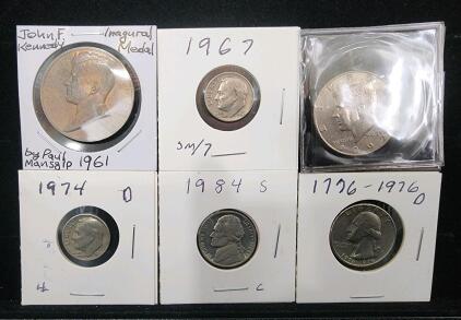 (1) 1961 John F. Kennedy Inaugural Medal Coin (1) 1776-1976 Bicentennial D Quarter Coin (2) 1967-1974 U.S. Roosevelt Dime Coin (1) 1984 Jefferson Nickel Coin And More