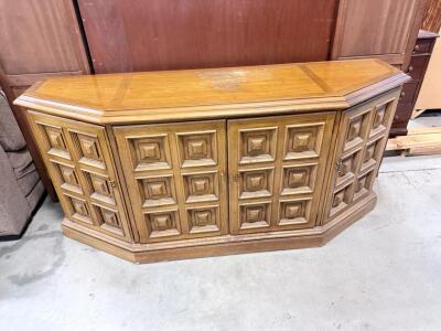 1970s Geometric Oak Veneer Credenza, 4 Doors, 3 Drawers, Angled Ends, 72" Wide