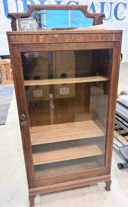 Antique Oak Display Cabinet with Mirror, c. 1900&ndash;1925, 66" Tall, Three Shelves, Orig. Lock & Key