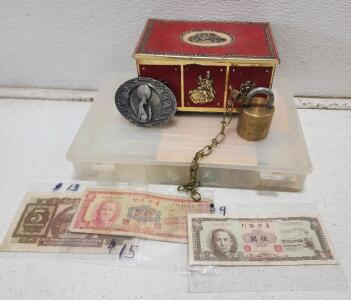 (1) Western Germany Embossed Metal Tin Hinged Lid Box (1) Vintage American Lock Company Brass Padlock (1) Howling Wolf Belt Buckle And More
