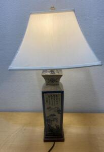 Asian-Inspired Porcelain Table Lamp, Blue & White, Square Base, Landscape & Calligraphy, 27&rdquo;. - Works
