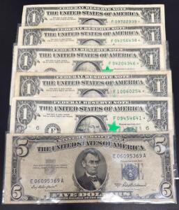 (1) $5 1953 Federal Reserve Silver Certificate Bill (5) $1 Federal Reserve Star Notes FRB Atlanta F09454641*, Circulated, Collectible, Series Mnuchin