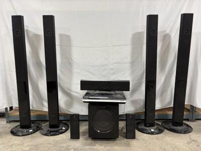 Samsung 7.1 Channel Home Theater Speaker System with Tallboy Towers, Subwoofer, Center Bar. Powers on.