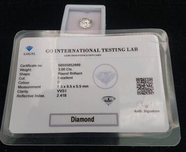 (1) 3.00Ct Exellent Round Brilliant Diamond Gemstone W/ Gem Identification Card