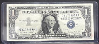 1957A Blue Seal One Dollar Silver Certificate, Q81778939A, Smith-Dillon Signatures, Uncertified