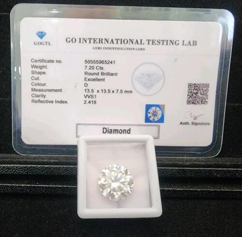 (1) 7.20Ct Exellent Round Brilliant Diamond Gemstone W/ Gem Identification Card