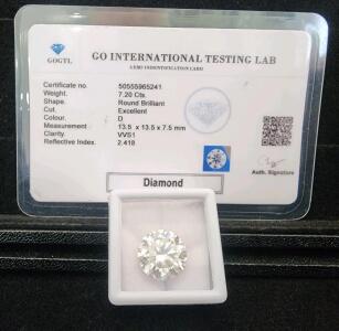 (1) 7.20Ct Exellent Round Brilliant Diamond Gemstone W/ Gem Identification Card