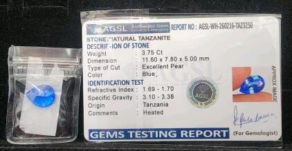 (1) 3.75Ct Exellent Pear Natural Blue Tanzanite W/ Gem Report