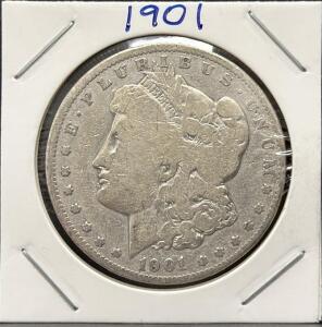 1901 Morgan Silver Dollar, Circulated, 90% Silver, 38.1mm, Eagle Reverse, Cardboard Holder