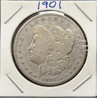 1901 Morgan Silver Dollar, Circulated, 90% Silver, 38.1mm, Eagle Reverse, Cardboard Holder