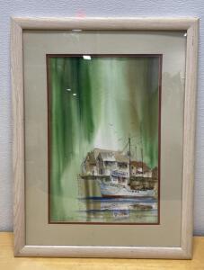 Framed Watercolor Painting by S. Richardson, Seaside Harbor, 22x29", Original Signed