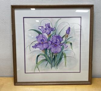 Linda Lord Floral Art Print Iris Flowers Framed 28x28" Gold Frame Watercolor Matte