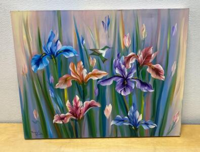 Raquel Lirette Signed Acrylic Painting &ndash; Irises and Hummingbird on Canvas 28x22