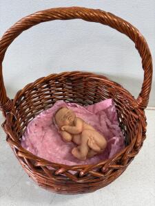 Realistic 10" Reborn Ashton Drake &ldquo;Bundle of Love&rdquo; Baby Doll with Pink Blanket and 14" Wicker Basket, Sleeping Girl