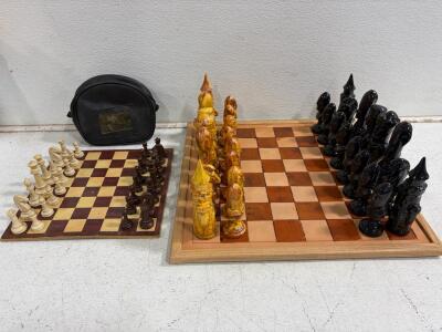 Large Medieval Glazed Ceramic Chess Set 20"x20" Board + Classic Staunton Club Set 16&rdquo;x16&rdquo; & Case