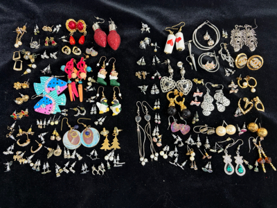Large Assorted Lot of Costume Earrings &ndash; 50+ Pairs, Multicolored, Dangle, Stud, Hoop, Novelty Styles