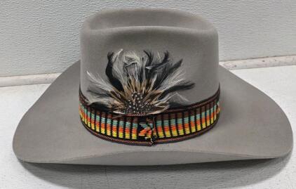 DYNAFELT Western Cowboy Hat, 7 3/8 (59cm), Fur Felt, Woven Band, Feather, Light Gray, USA