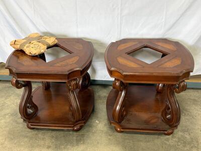 Pair Ornate Wood & Glass End Tables, Scrolled Legs, 26"x26"x24"H, Traditional, Lower Shelf