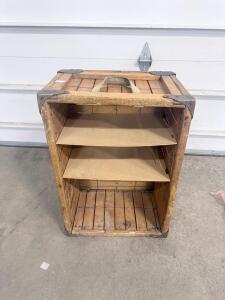 Vintage Wooden Shipping Crate, Metal Reinforced, 24"x16"x14", Repurposed with Shelves