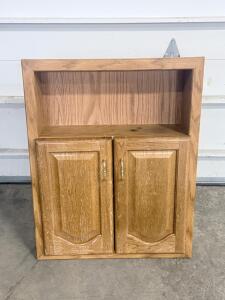 Oak Wall Mount Cabinet, 30"x24"x7", 2 Doors, Brass Handles, Open Shelf, Raised Panel Doors