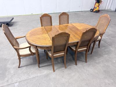 Oval Wood Dining Table Set with 3 Leaf, 6 Cane-Back Chairs (2 Armchairs), Traditional Style