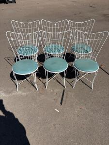 Set of 6 Mid-Century Modern White Metal Dining Chairs, Turquoise Vinyl Seats, Butterfly Back
