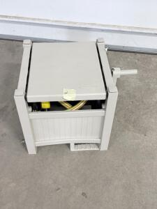 Suncast Freestanding Hose Reel Box, 20 ft Hose Included, Hand Crank, Durable Resin, Beige