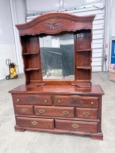 Traditional 6-Drawer Dresser with Mirror and Side Shelves, Carved Floral Detail, 68" Wide
