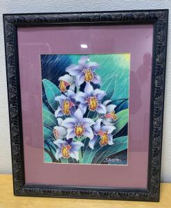 Framed Orchid Floral Artwork, Signed, Black Ornate Carved Frame, Mauve Mat, 18.5x22.5