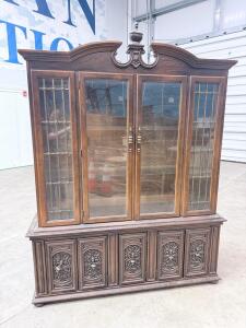 Vintage Ornate Wood China Cabinet Hutch, Glass Doors, 2 Glass Shelves, Carved Base, 83" Tall