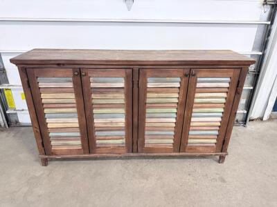Pastel Louvered 4-Door Wooden Sideboard Cabinet, Cable Cutouts, 60"x14"x36"
