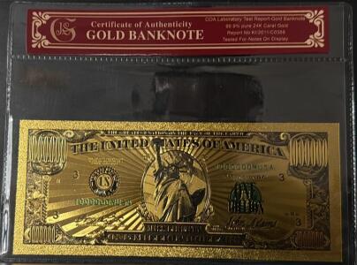 24K Gold-Plated One Million Dollar Replica Banknote, JS Brand, COA, Statue of Liberty, 1000000MUSA