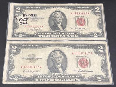 1953 $2 United States Note Red Seal, Jefferson, Two Serial Numbers, Circulated, Error Claim