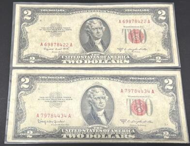 Pair of 1953 $2 Red Seal United States Notes, Serial A69878422A & A79784434A, Circulated