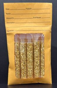 Gold Flakes in 5 Clear Plastic Vials ~1.5g, Decorative Collectible, Kraft Window Pouch