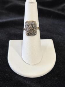 Sterling Silver (925) Ornate Floral Filigree Ring, Vintage Design, Raised Rectangle Face