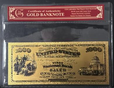 24K Gold-Plated $1000 US Banknote Replica 1900 Series w/ COA National Currency Collectible